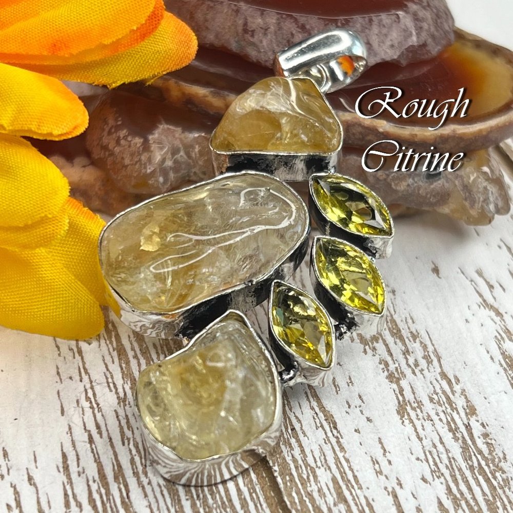 Rough Citrine Pendant Handmade 925 Silver Ethnic Long Faceted